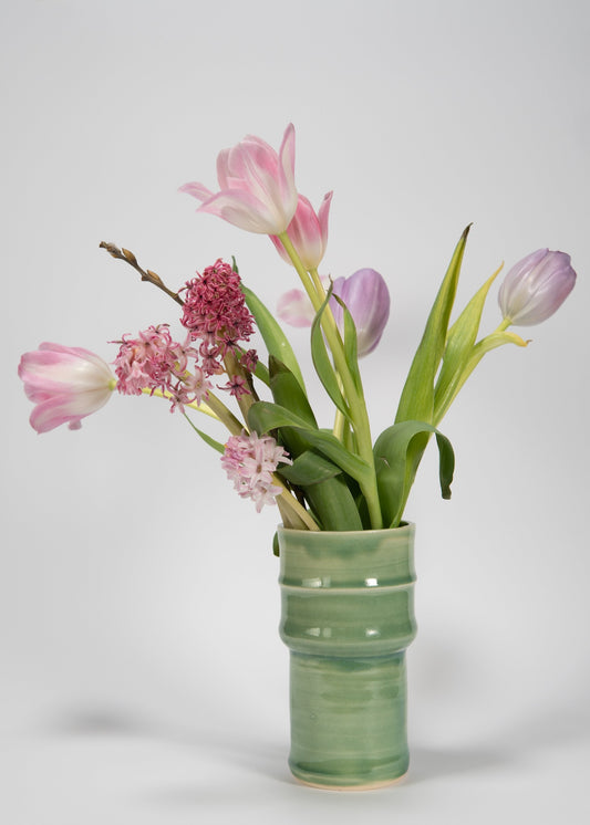 Handmade Green Glaze Ceramic Vase – Bamboo Form | Sculptural Home Decor