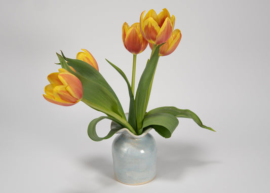 Yellow and orange tulips in a small vase on a light gray background